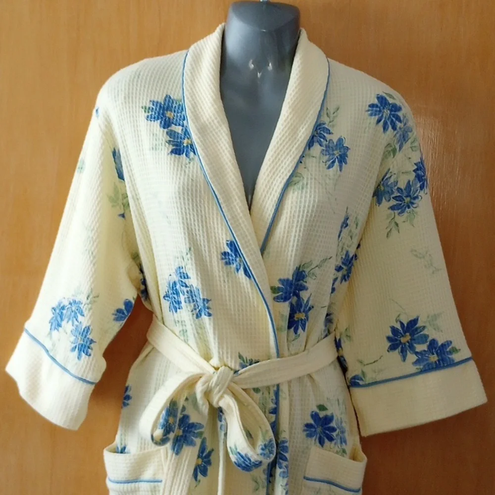 Waffle Weave Bath Robe Yellow and Blue M - Picture 3 of 13